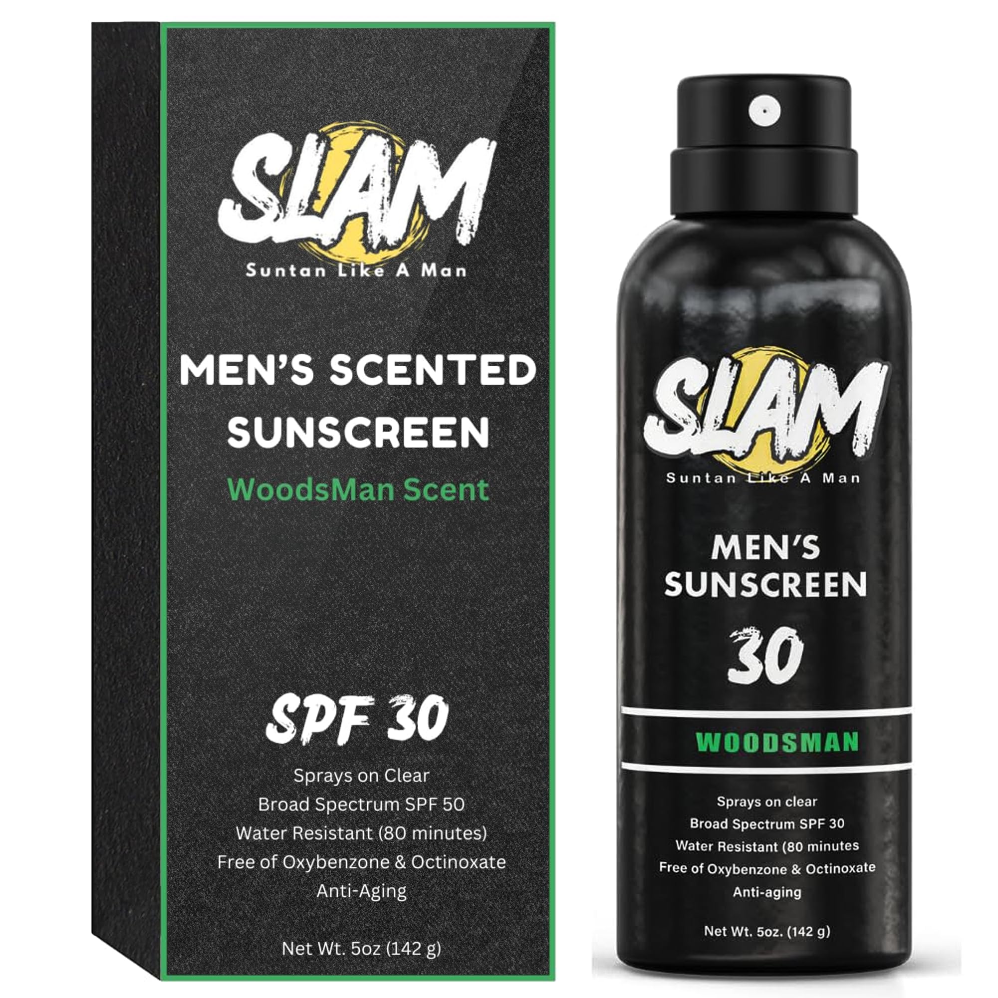 SLAM WoodsMan Mens Scented Sunscreen Spray SPF 30 Broad Spectrum Sun Screen Spray for Face Body Water Resistant