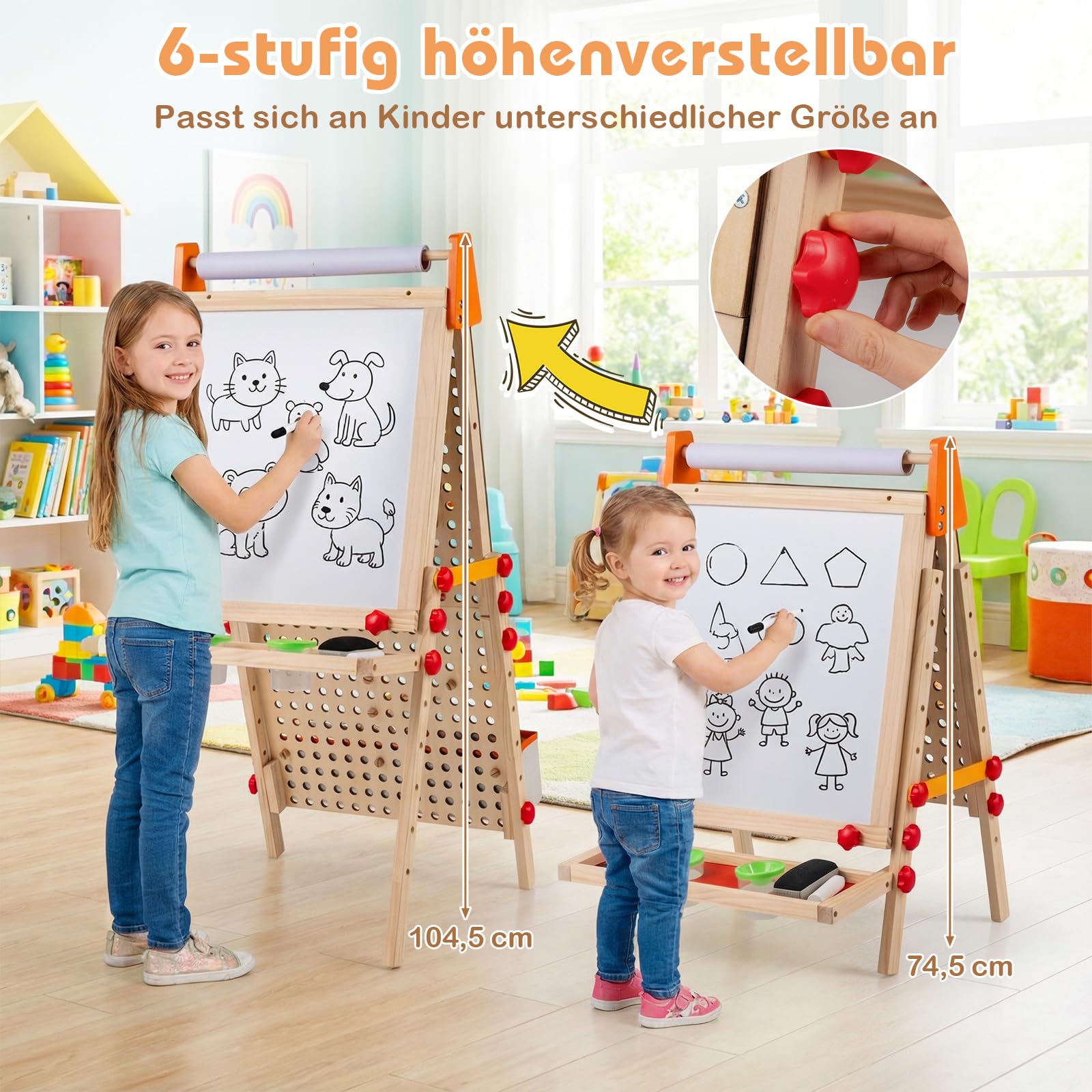 COSTWAY Tafel Kinder, Holz Spieltafel doppelseitig mit Magnet-Whiteboard, Papierrolle, Ablagefach & Murmelbahn, klappbare und höhenverstellbare Standtafel mit Zubehör für Kinder ab 3 Jahren