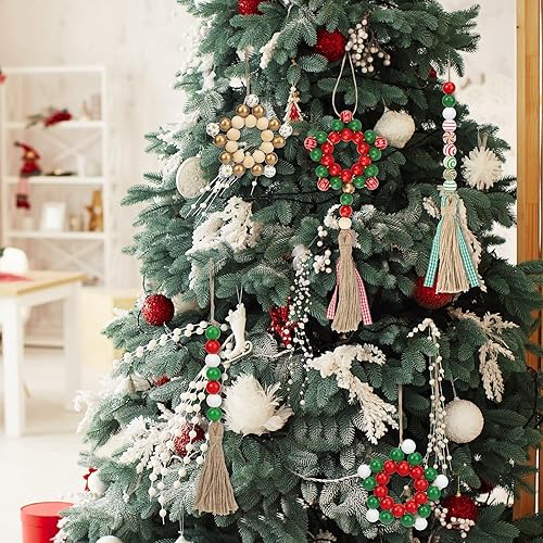 Miniatura 6 de 200 cuentas de madera de Navidad, manualidades, cuentas de madera, estampado de estrellas, estampado de nieve, madera roja, verde y dorada, cuentas