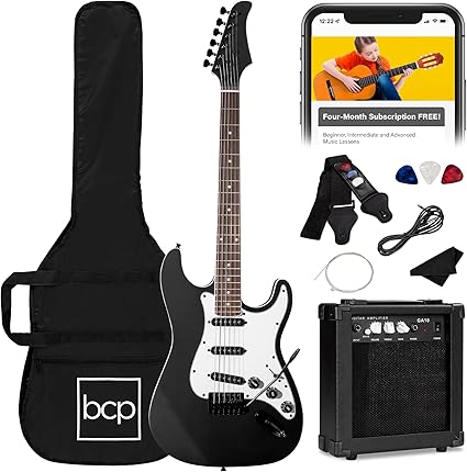Best Choice Products 39in Full Size Beginner Electric Guitar Starter Kit w/Case, Strap, 10W Amp, Strings, Pick, Tremolo Bar - Jet Black