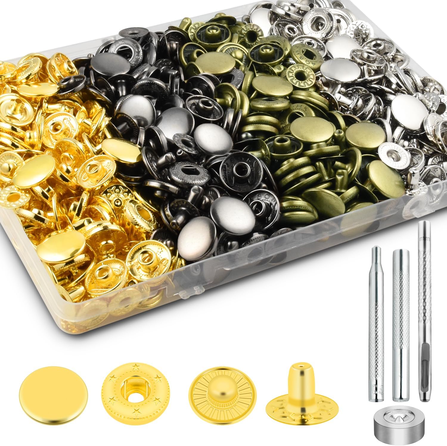100 Sets Leather Snap Fasteners Kit, 10mm Snaps Button, Metal Snap Buttons Press Studs with 4 Install Tools 4 Colors for Leather Bag Clothes Jackets Jeans Wears Bracelets Fashion DIY Sewing