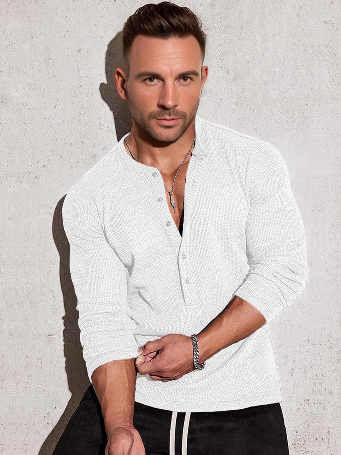 Men's Waffle Henley 5 Buttons Stylish Long&Short Sleeve T-Shirt Casual Slim Fit Tee - Image 5