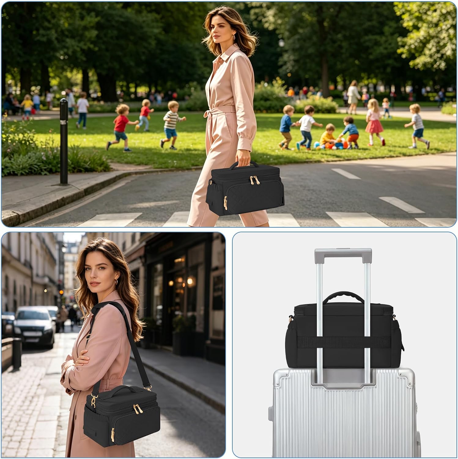 Breast Pump Bag Compatible with Spectra S1/S2, Multi-Pocket Insulated Tote, Water-Resistant Cooler Bag, Large Capacity Portable Pumping Bag with Shoulder Straps for Working Moms, Travel/Office, Black