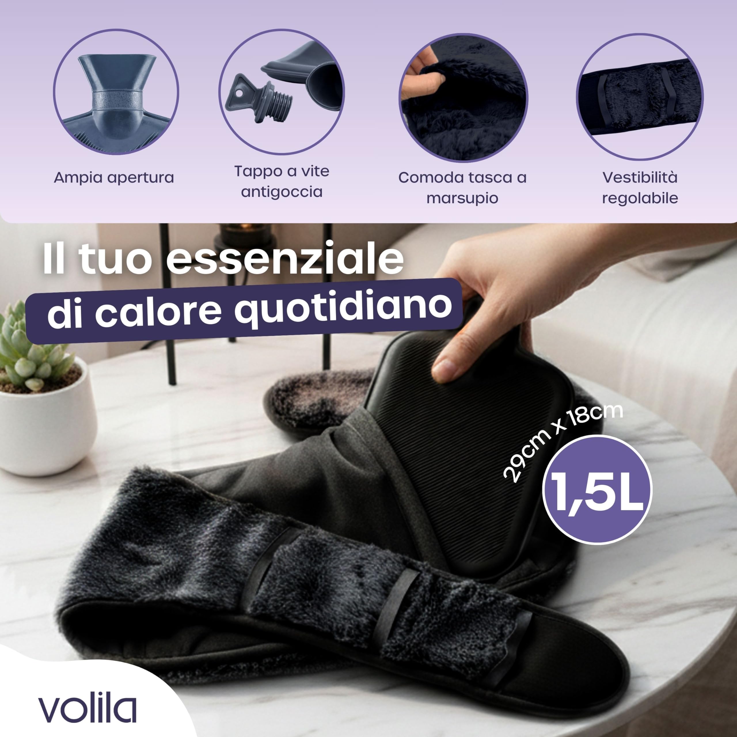 Cintura per Borsa dell'Acqua Calda - Boule Acqua Calda da 1,5 Litri con Copertura in Velluto di Coniglio Grigio - Borsa Acqua Calda di Lusso, Morbida e Indossabile per Dolori Mestruali (Nero)