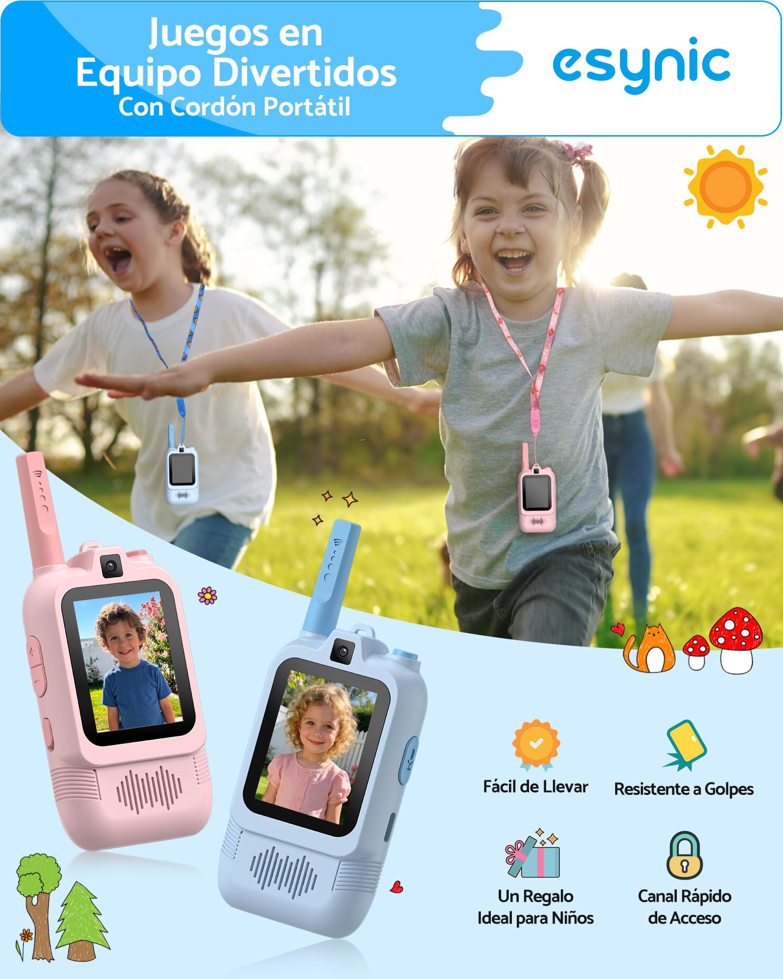 eSynic Walkie Talkies Niños con Cámara Doble Juguete Videollamada Intercomunicador Infantil Recargable Largo Alcance 500 Metros para Exploración Radios Bidireccionales Regalo Cumpleaños Azul Rosa