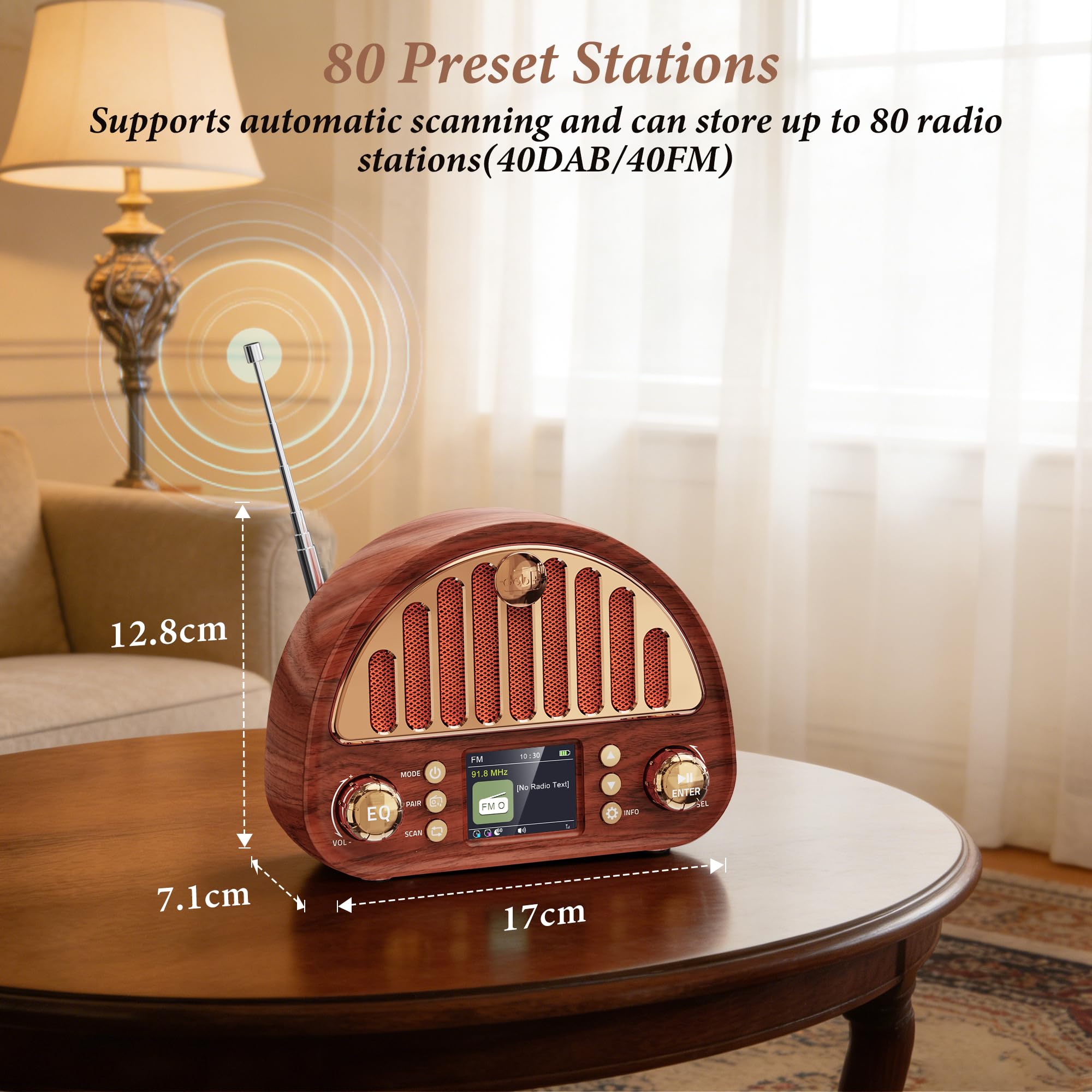 Mesqool Tragbares DAB+/UKW Radio, Retro Radio mit Bluetooth 5.0, Nostalgie Radio Klein mit 3000mAh Akku und Farbdisplay, EQ-Soundeffekt, 80 Voreinstellungen, TF/AUX Anschluss, Doppelwecker