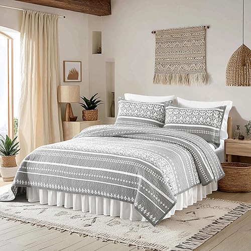 Miniatura 2 de Juego de edredón tamaño King 100% algodón, juego de ropa de cama bohemio, colcha a rayas grises y blancas para cama King, edredón reversible y