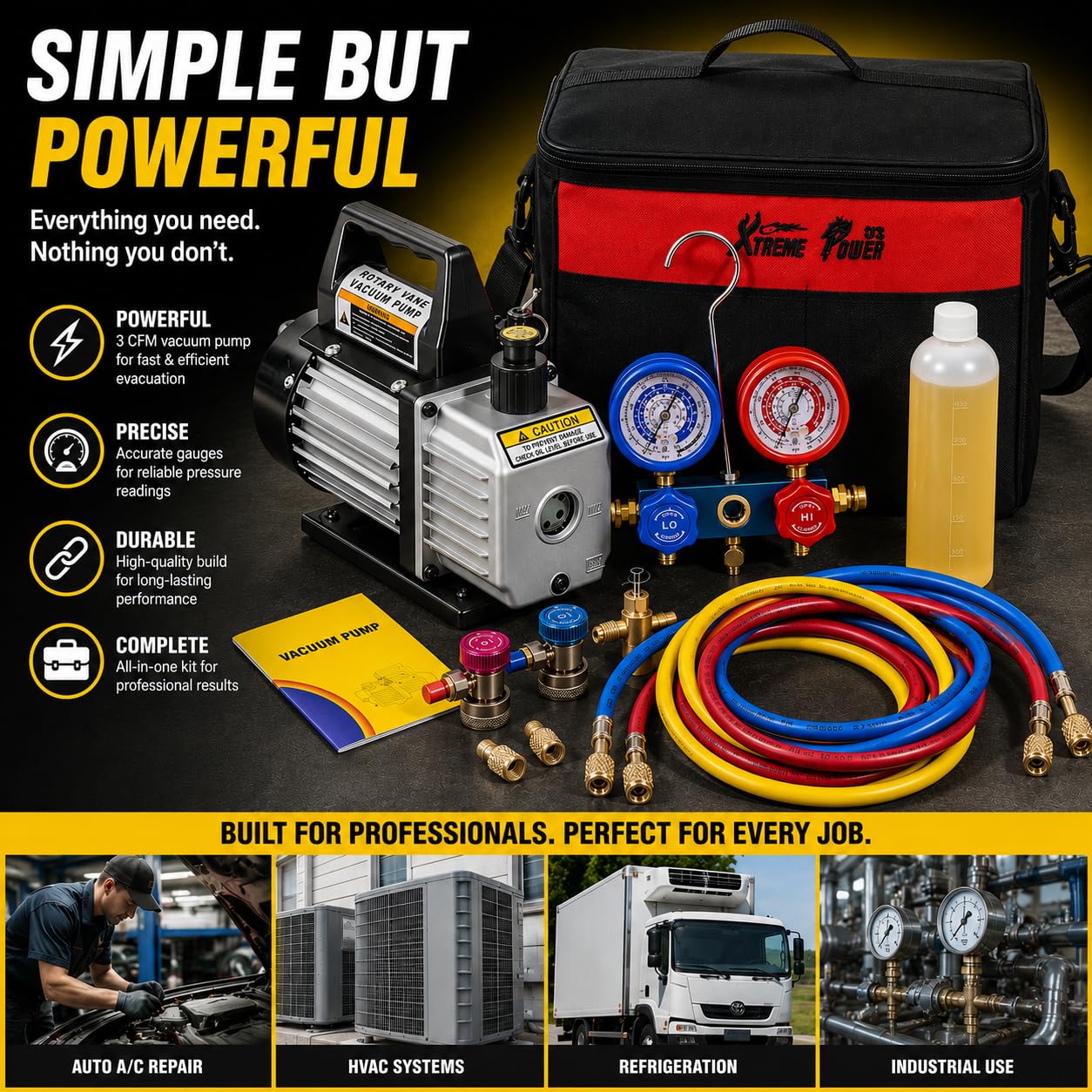 XtremepowerUS Bomba de vacío 3CFM 1/4 HP HVAC R134a R12 R22 R410a A/C Refrigeración AC Manifold Gauge