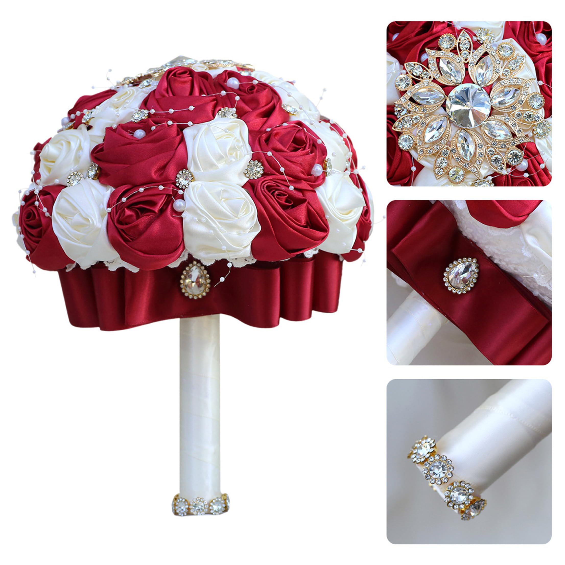 Fiori artificiali, bouquet da sposa, lussuoso bouquet da sposa con nastro rosa con strass e perle per la e la damigella d'onore, 9x10 pollici
