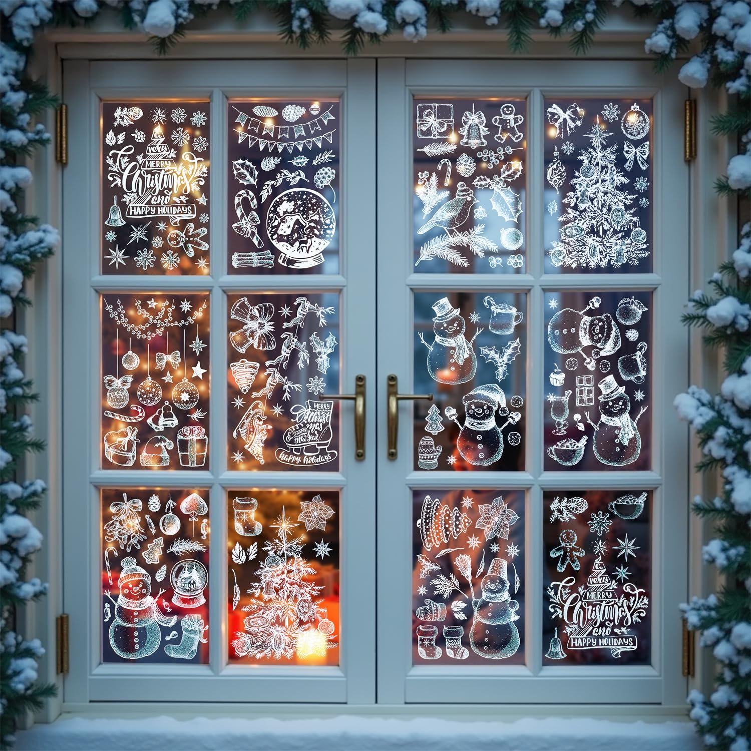 KIPEREE Christmas Window Stickers with Green Glitter – 9 Sheets Xmas Window Clings for Glass, Merry Christmas Stickers for Holiday Decorations, Snowman Tree Snowflake Designs