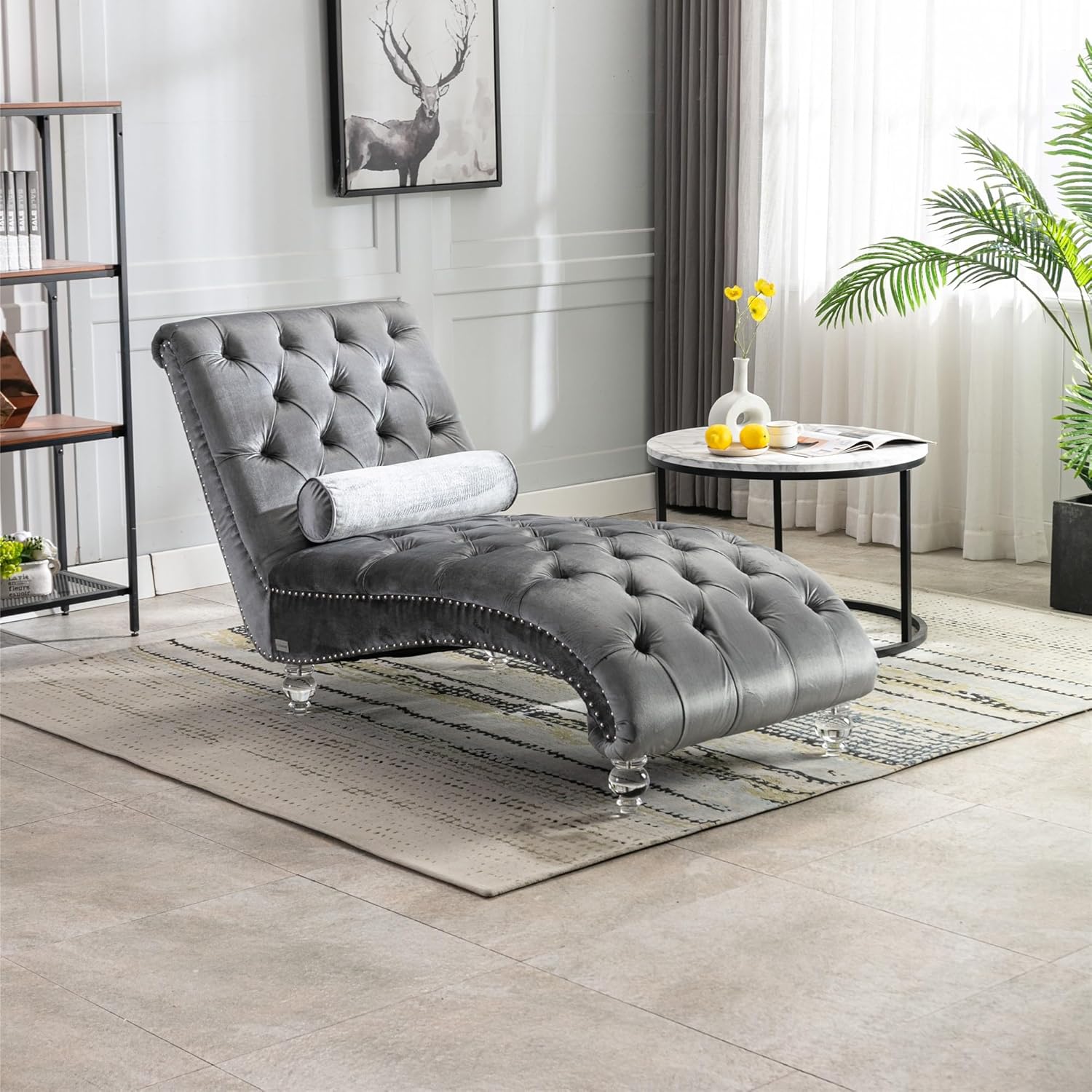 Chaise Lounge Indoor with Toss Pillow, Modern Velvet Tufted Button Upholstered Couch with Acrylic Legs, Sleeper Chair Leisure Sofa Recliner Lounge for Bedroom Living Room Office, Silver