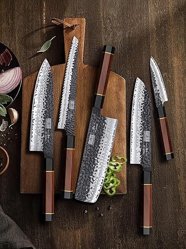 Miniatura 7 de HOSHANHO Juego de 5 cuchillos de cocina japoneses de acero de alto carbono, juego de cuchillos de chef profesionales ultra afilados con mango