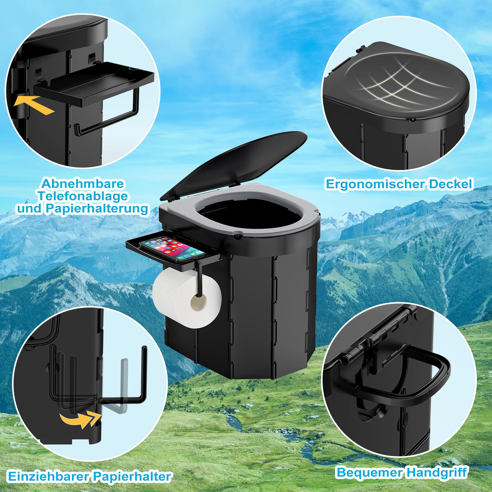 WADEO Tragbare Campingtoilette mit EVA-Komfortsitz, Faltbare Toilette Klapptoilette belastbar bis zu 200kg, mit 20 Müllbeutel, Papier- und Handyhalter, Hygienischer Eimer für Camping Wandern Angeln