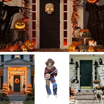 Halloween Skeleton,Spooky Skeleton Guitarist - Poseable Joints Statue with Music Glowing Eyes for Haunted House Retail Store Pathway Garden Photo Backdrop Front Porch