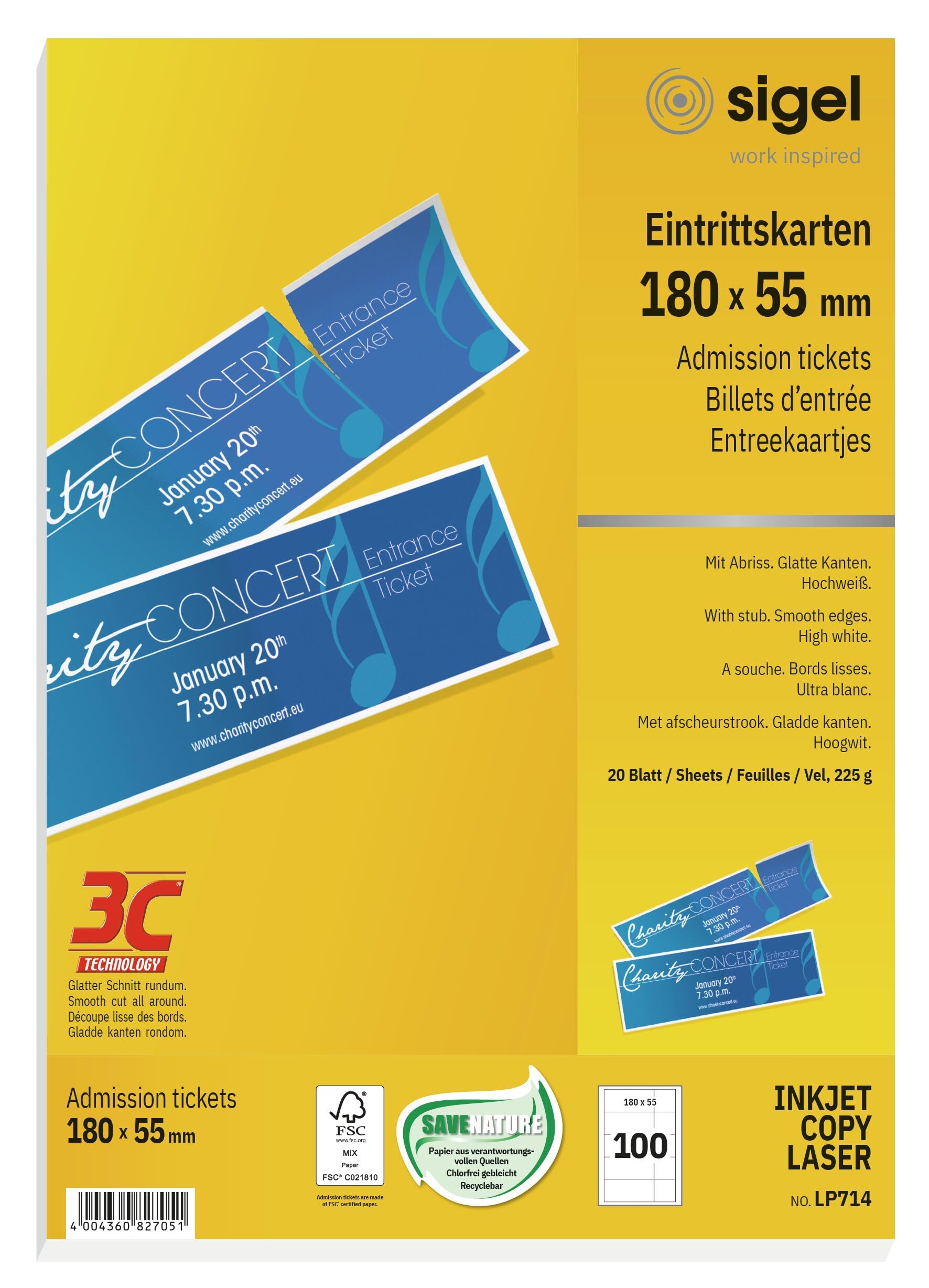 SIGEL LP714 Eintrittskarten zum Selberdrucken, 180x55 mm, 100 Stück (20 Blatt), mit Abriss