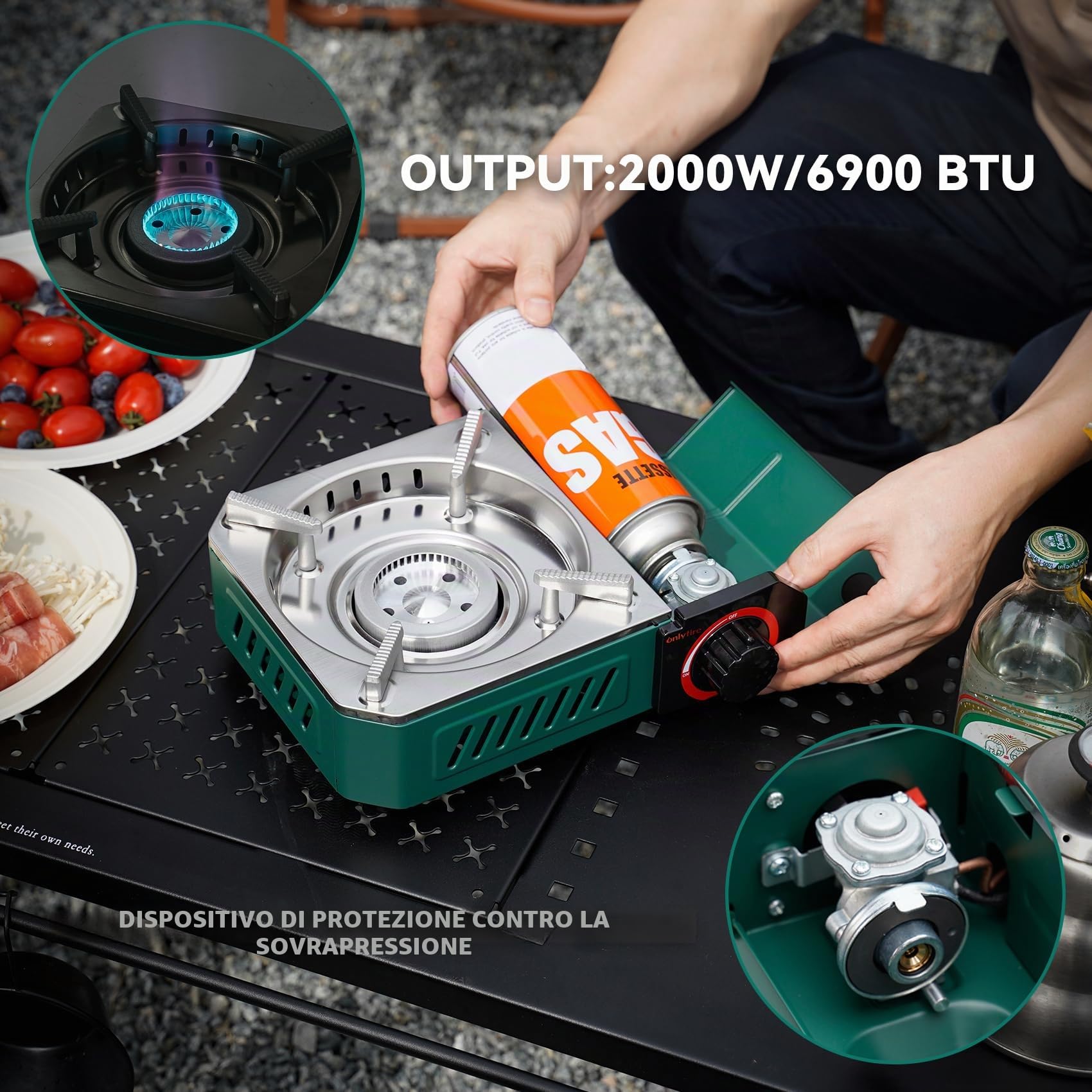 onlyfire Mini Fornello da Campeggio a Gas Portatile con Custodia per Il Trasporto, Fornello a Gas da Esterno per Il Campeggio, L'escursionismo, Il Viaggio in Camper, la Colazione, 2000W, Verde
