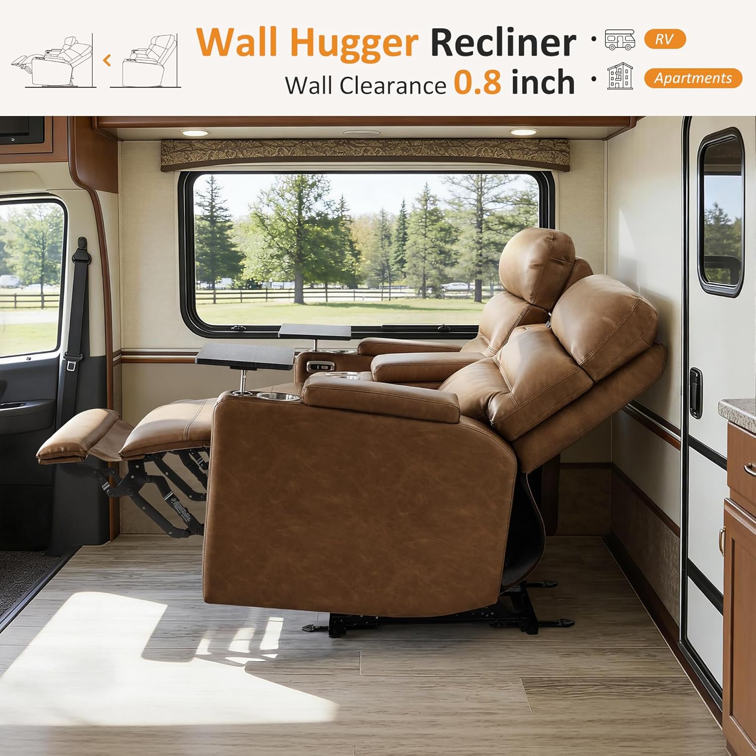 MCombo 65.5" Wall Hugger Power Reclining Loveseat with Console and Outlets for Small Spaces, RV Loveseat Sofa with Armrest Storage, 360° Swivel Tray Table, USB & Type C Ports RV01M2 (Orange)