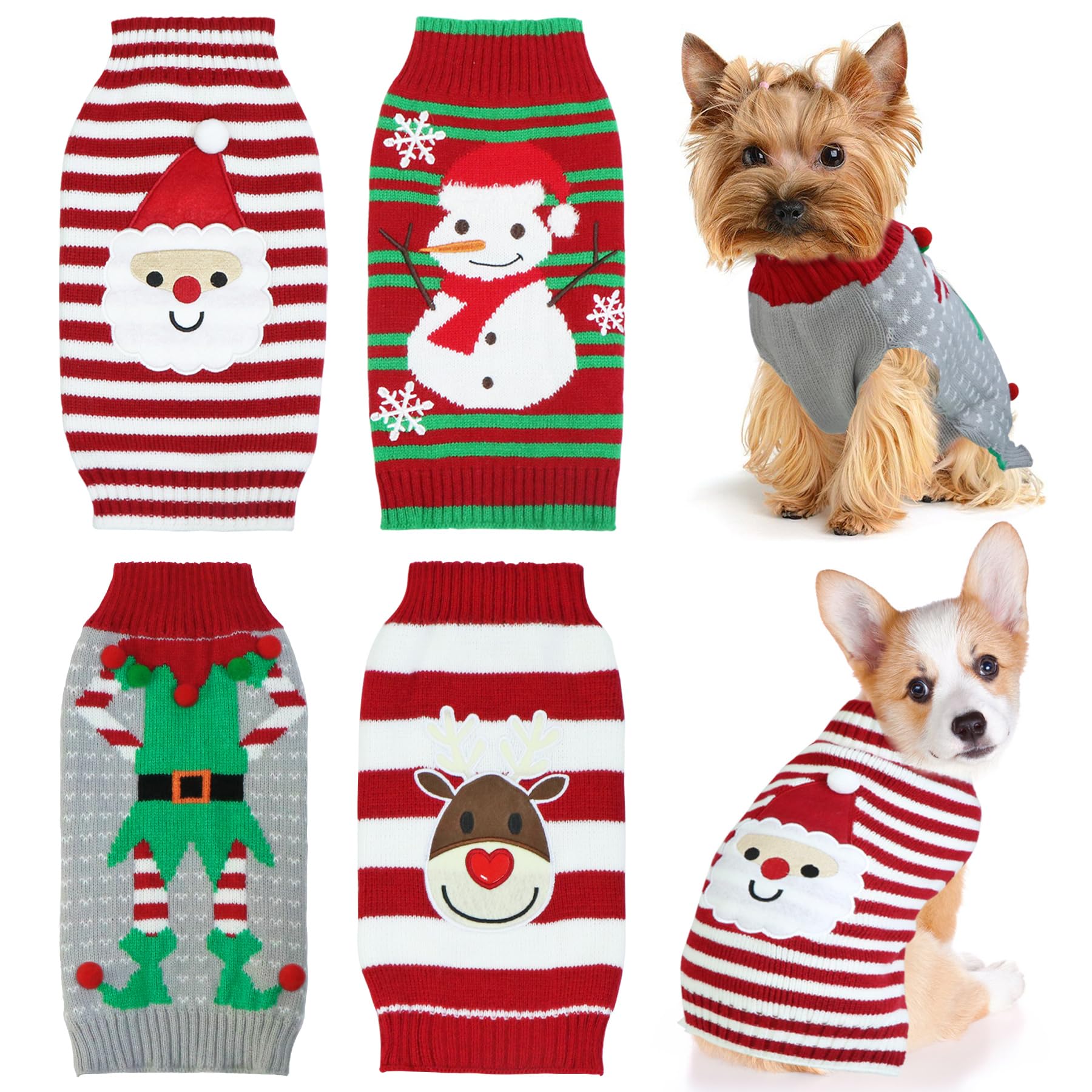 4 Pack Dog Christmas Sweater, GOYOSWA Dog Christmas Outfit Holiday Sweater Santa Snowman Reindeer Elf Knitted Sweaters for Small Medium Large Dogs Pets (Small)