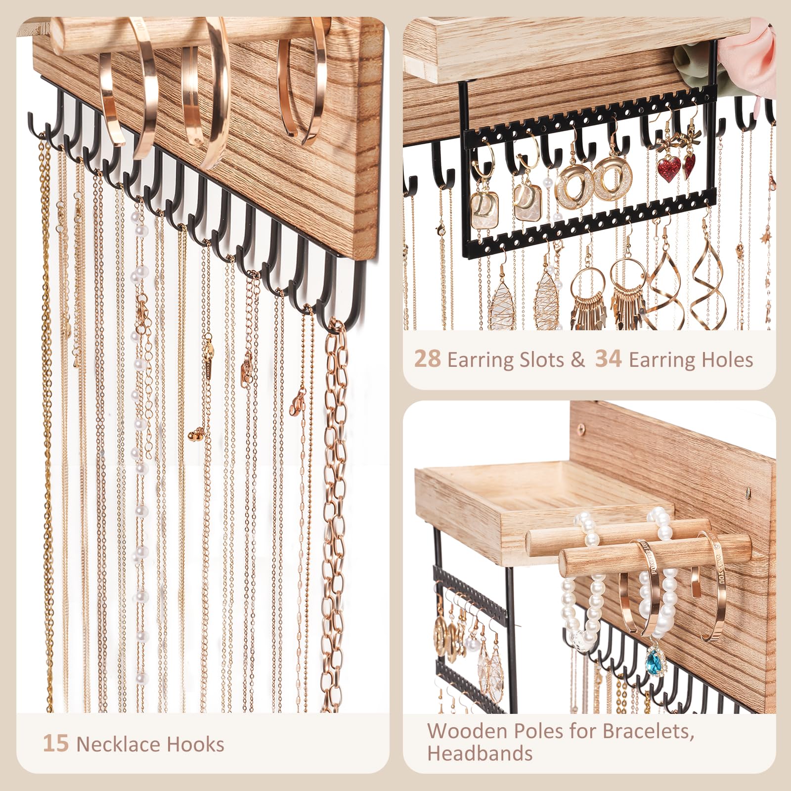 Lolalet Présentoir Bijoux Mural, Porte Bijoux Bois Suspendu, Porte Boucles d’Oreille Colliers Bracelets Bagues Parfum -Naturel