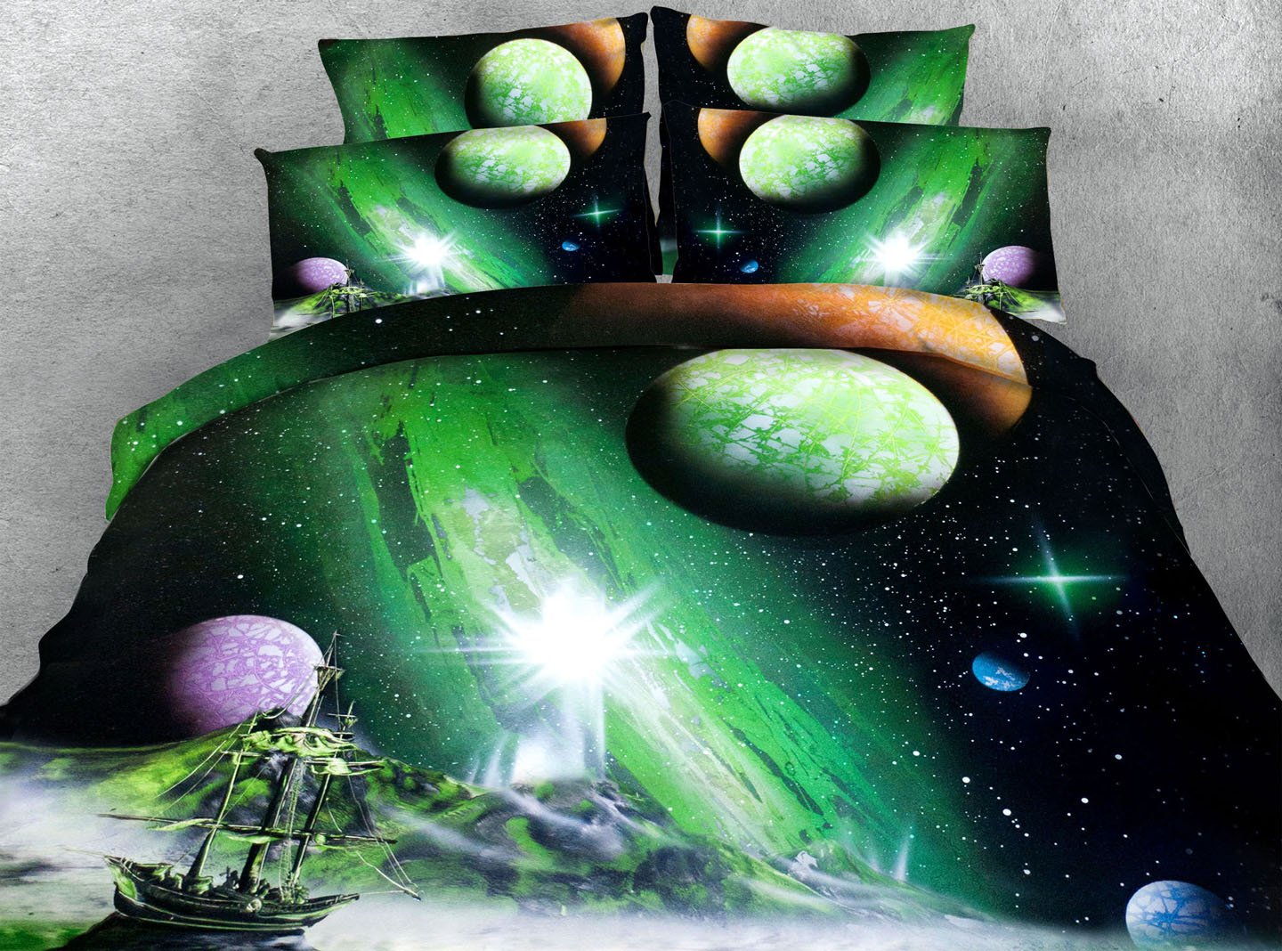 Housse de couette univers 3D pour s'endormir sous une aurore verte boréale