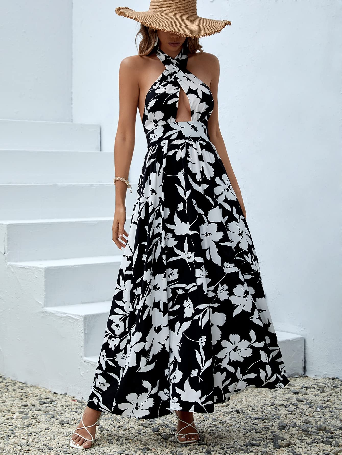 Neeno Women's Dresses Floral Print Criss Cross Tie Backless Halter Dress Dress for Women(Black and White,X-Small) : Clothing, Shoes & Jewelry