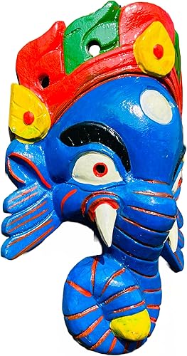 Miniatura 6 de QT S Ganesh - Máscara de madera antigua hecha a mano para colgar en la pared, 9 pulgadas, máscara de Dios de la suerte hindúéxito, forma de Ganesha