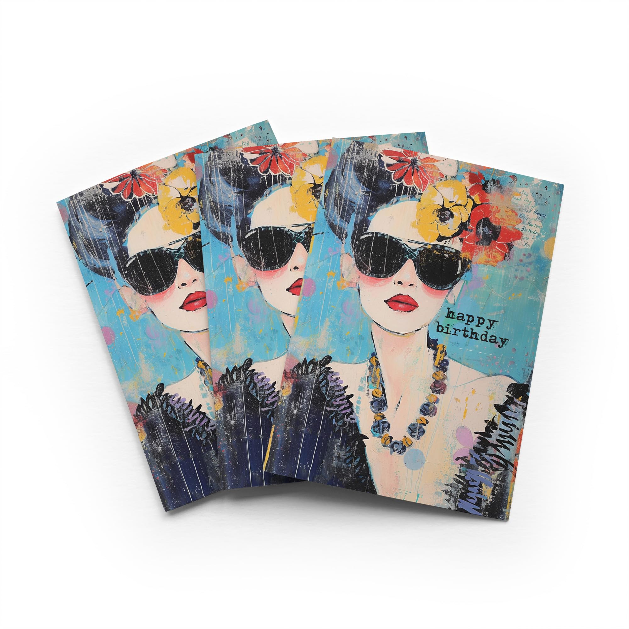 Fashion Portrait Birthday Card Modern Sunglasses Set of 3 Greeting Cards Blank Inside 5x7 Inch 13x18 cm