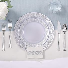 FOCUSLINE 350 Ct Silver Dinnerware Set for 50 Guests, Silver Lace Plastic Plates Disposable Heavy Duty, Including 50 Dinner & Dessert Plates, Cups, Napkins, Cutlery Set