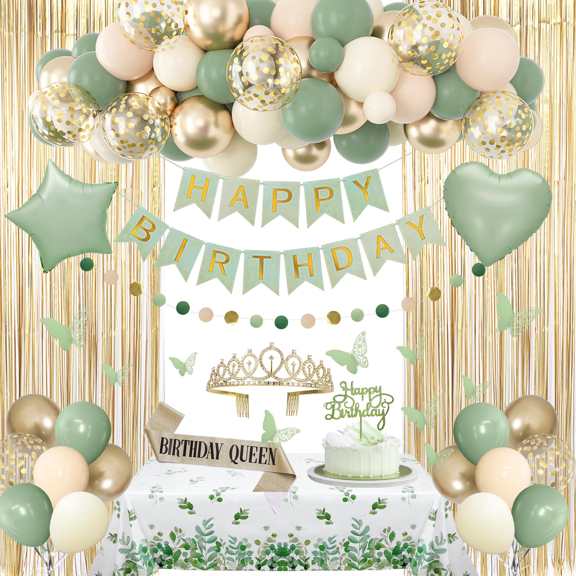 Sage Green Birthday Decorations for Women Girls, Nude Neutral Sage Green Foil Balloons Table Cloth Sash Crown Fringe Curtains Happy Birthday Banner