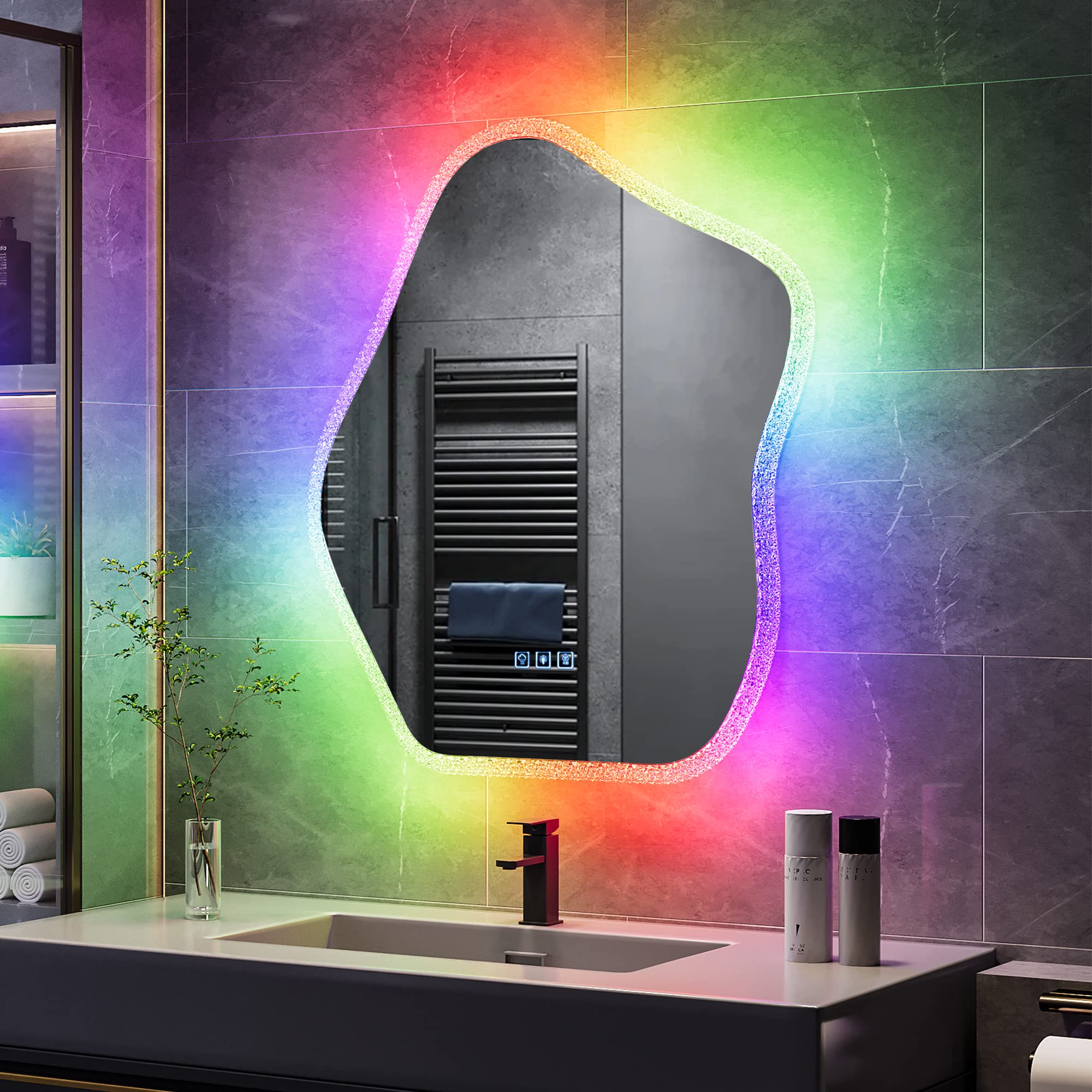 HNEBC 28x32 Inches Bathroom Mirror with RGB Light,Morden Bathroom Mirrors for Wall, LED Mirror for Bathroom, Bathroom Vanity Mirror Memory Touch Switch,Anti-Fog,Dimmable,Explosion-Proof