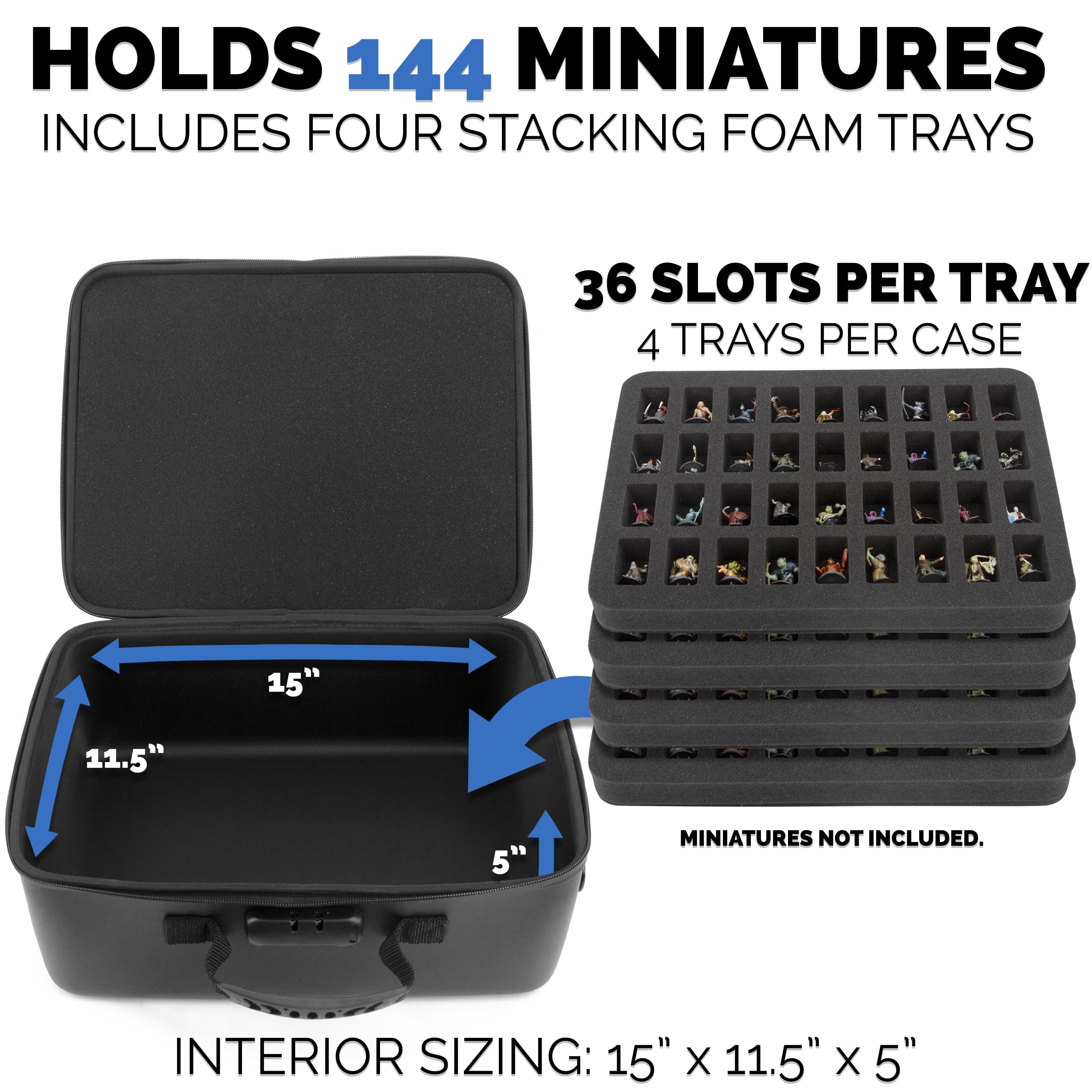 CASEMATIX Miniature Carrying Case with Programmable Lock - 144 Slot Miniature Storage Case with Four Impact-Absorbing Foam Trays For Minis, Adjustable Shoulder Strap, ID Card Holder and More!