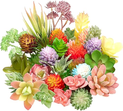 Jutom 32 piezas de mini suculentas artificiales realistas sin maceta, plantas falsas coloridas de imitación suculentas pequeñas plantas de cactus
