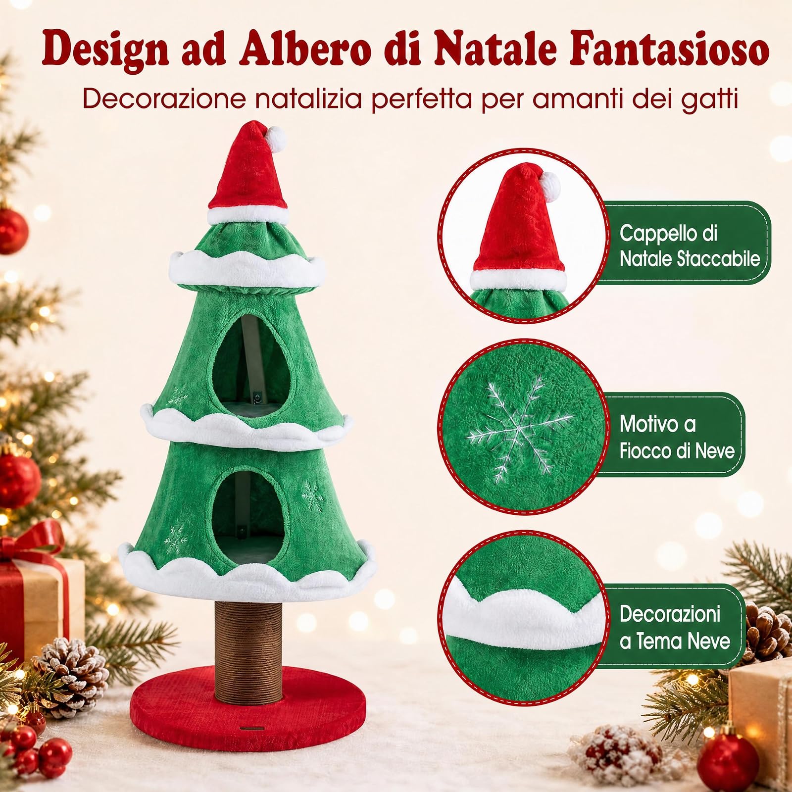 COSTWAY Albero Tiragraffi per Gatti con 2 Cucce, 49 x 49 x 130 cm