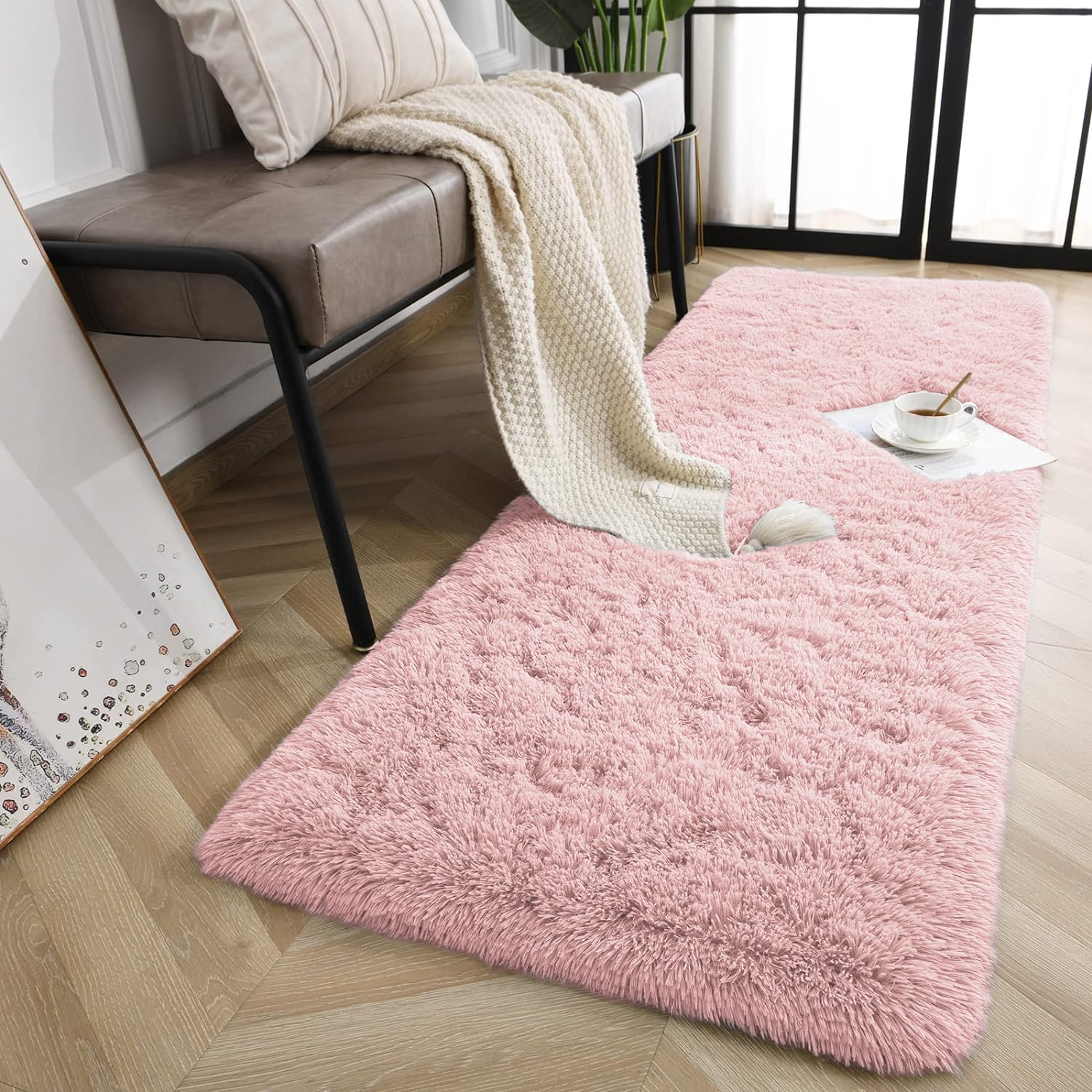 Oxford Homeware Rugs Living Room- Fluffy Pink Area Rugs for Bedroom Hallway Runner Rug 60 x 220 cm Anti Slip - Image 3