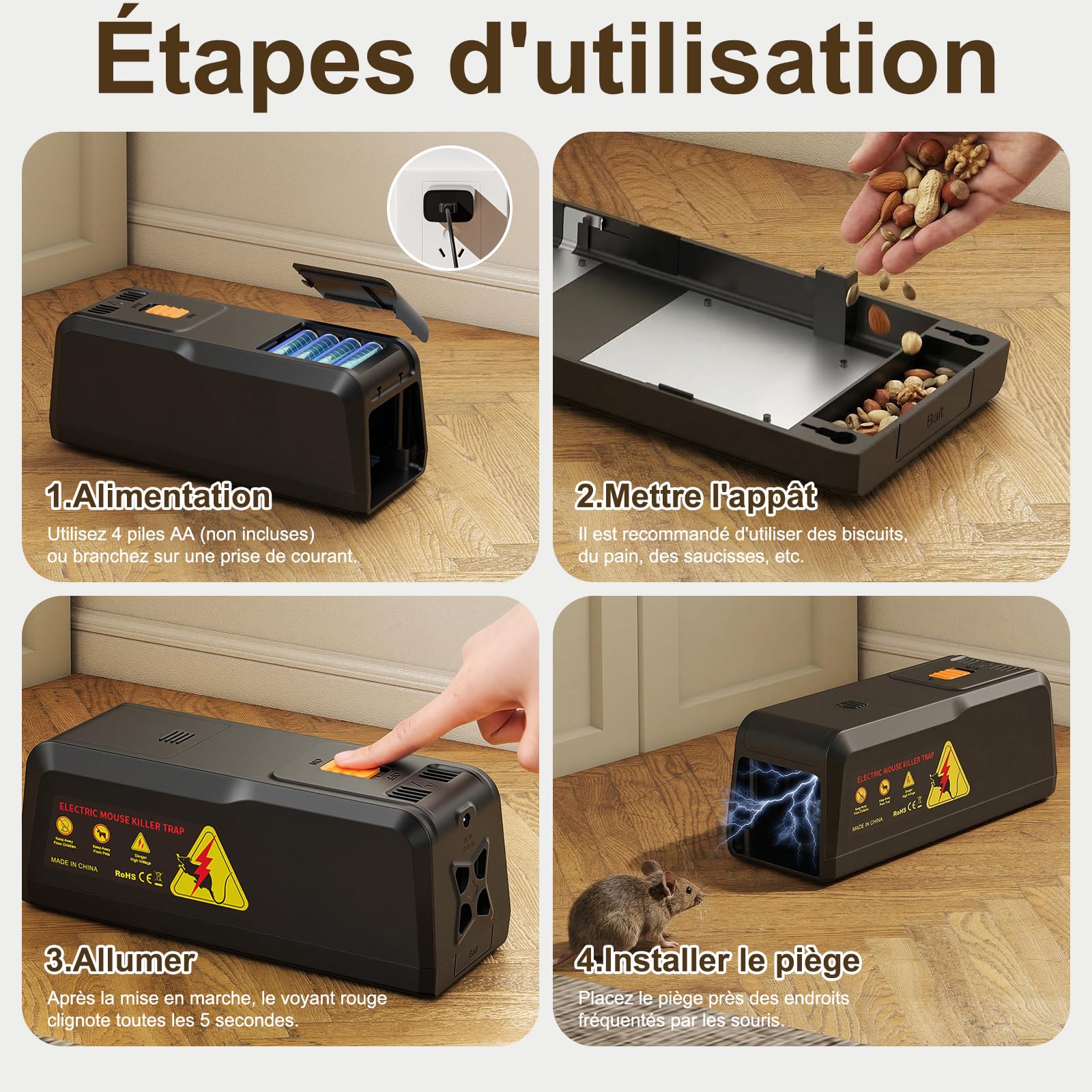 Piege a Rat Electrique Forte 2800V Tension Piege a Rat Réutilisable Piège à Souris électrique pour Maison,Tueurs Domestiques sans Contact