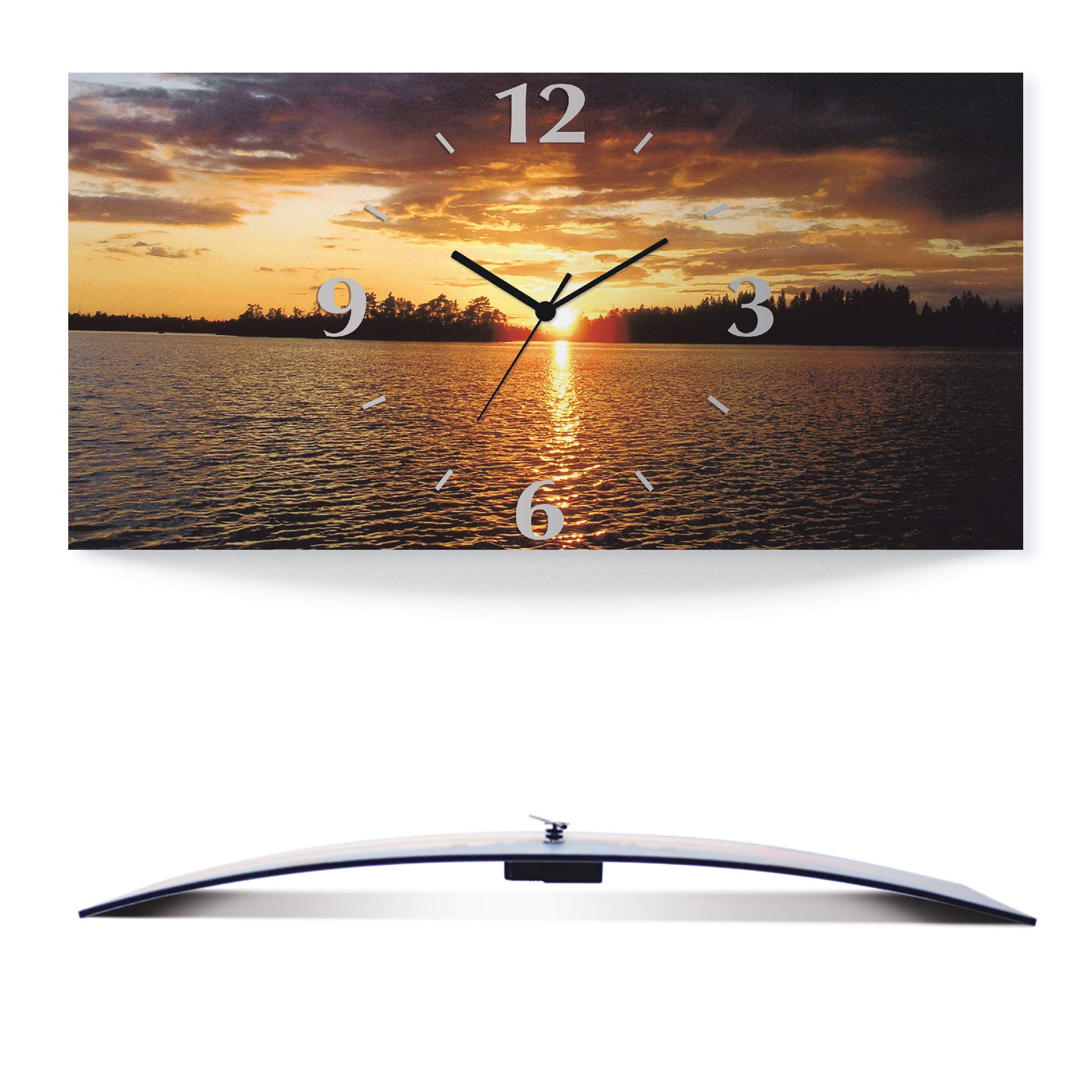 ARTLAND Wanddeko Wanduhr ohne Tickgeräusche Alu Funkuhr 50x25 cm Rechteckig Lautlos Landschaft Sonnenuntergang See Sonne Natur Design T4WP