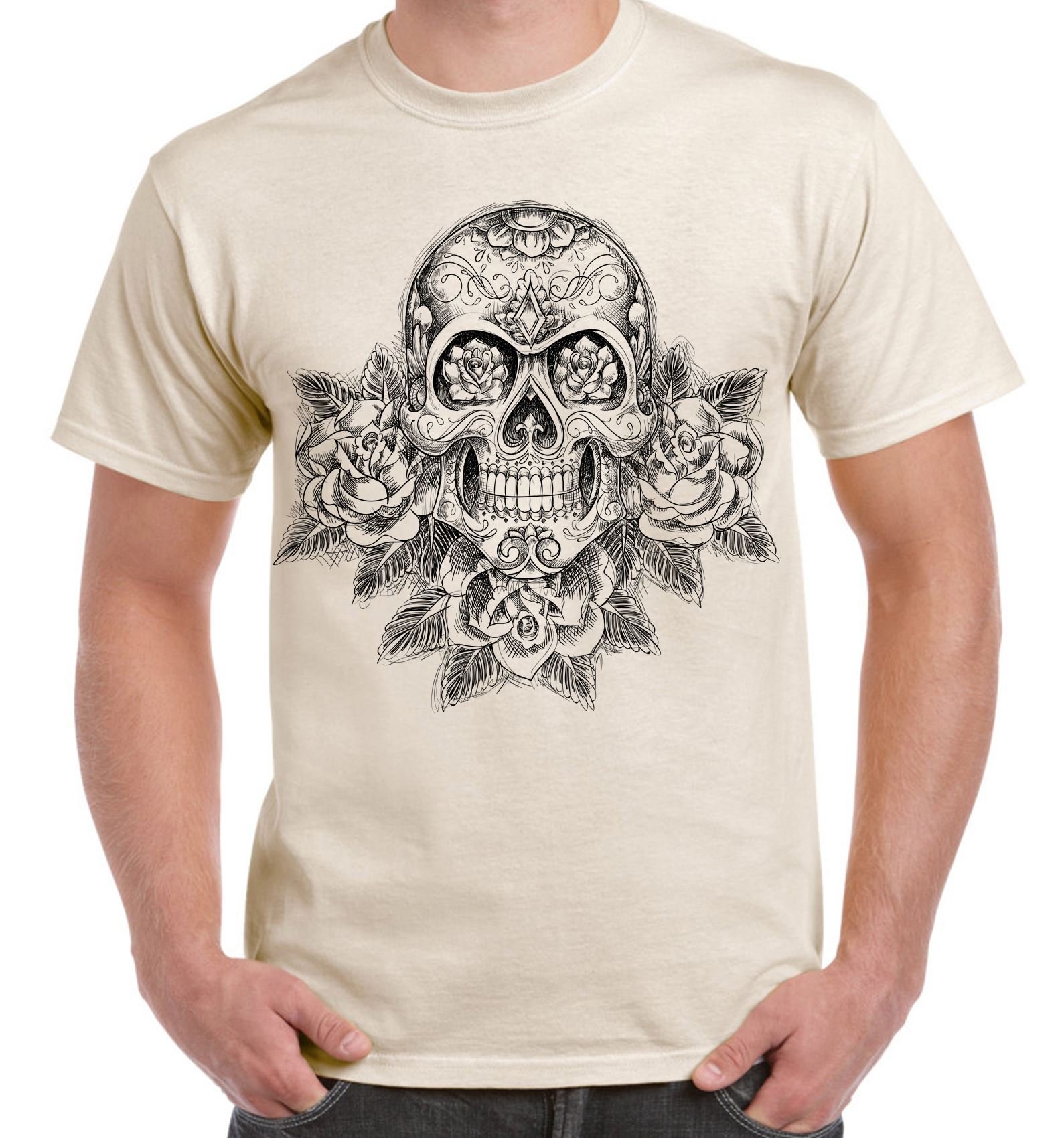 Skull and Roses Tattoo Large Print Men's T-Shirt (XL, Cream)