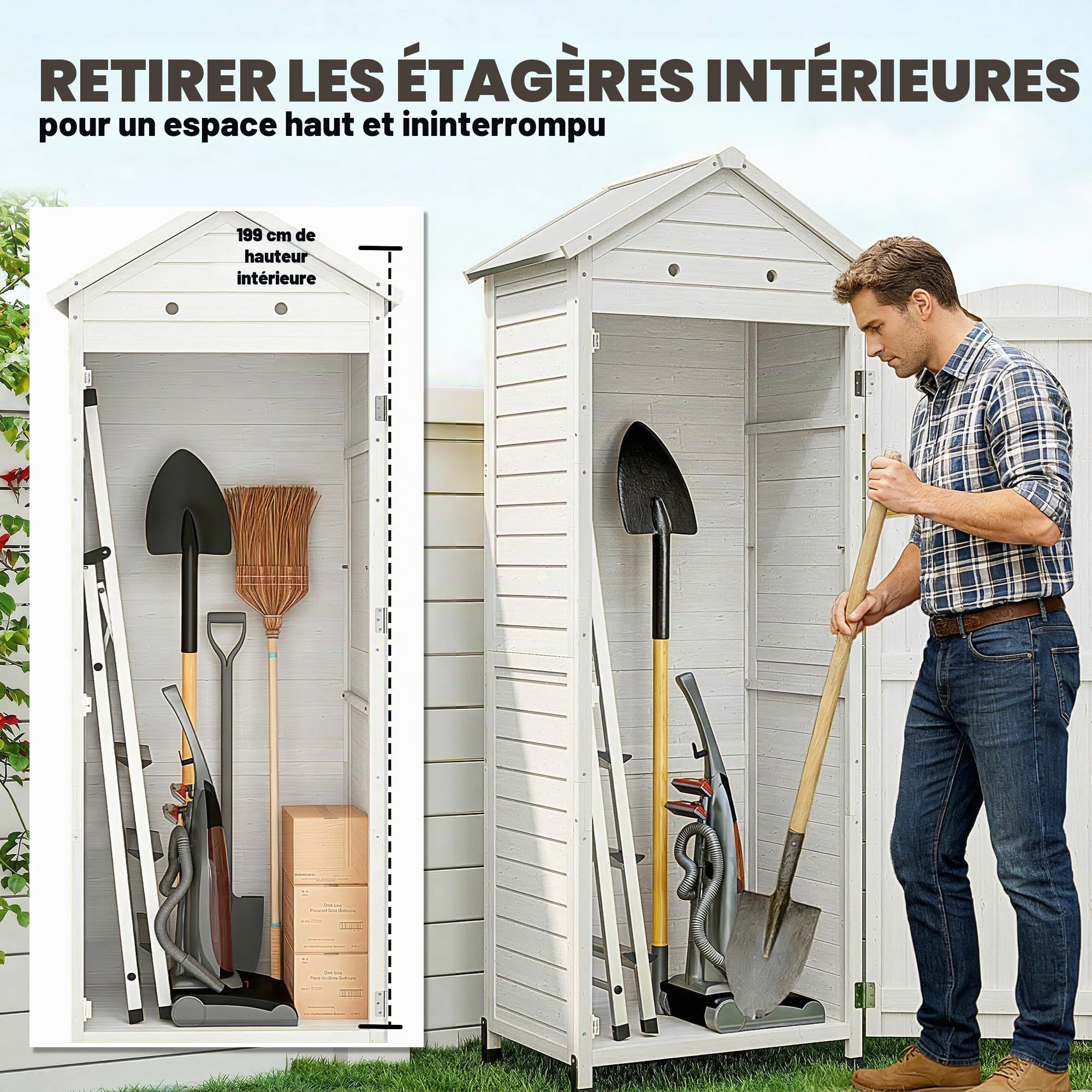 Outsunny Armoire Jardin Bois abri Outils Extra Haut 85x58x213 cm Blanc