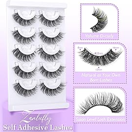 Self Adhesive Eyelashes Reusable Self Adhesive Lashes Natural Pre-glued Lashes No Glue Lashes Strip Lashes Cat Eye Lashes D-Curly False Lashes Wispy Faux Mink Eyelashes by zanlufly