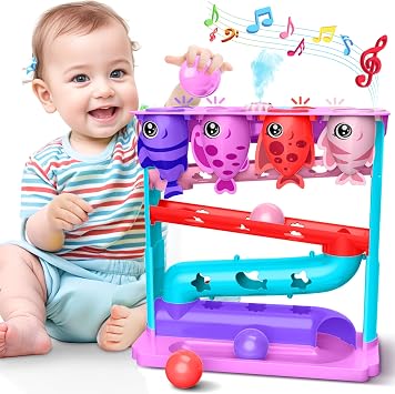 Ball Drop Toy for 1, 2 Years Old Boys & Girls, Interactive Toddler toy with Lights, Music & Water Spray, Montessori STEM Learning Toys for 9-18 Months, Infant Early Development GiftPink