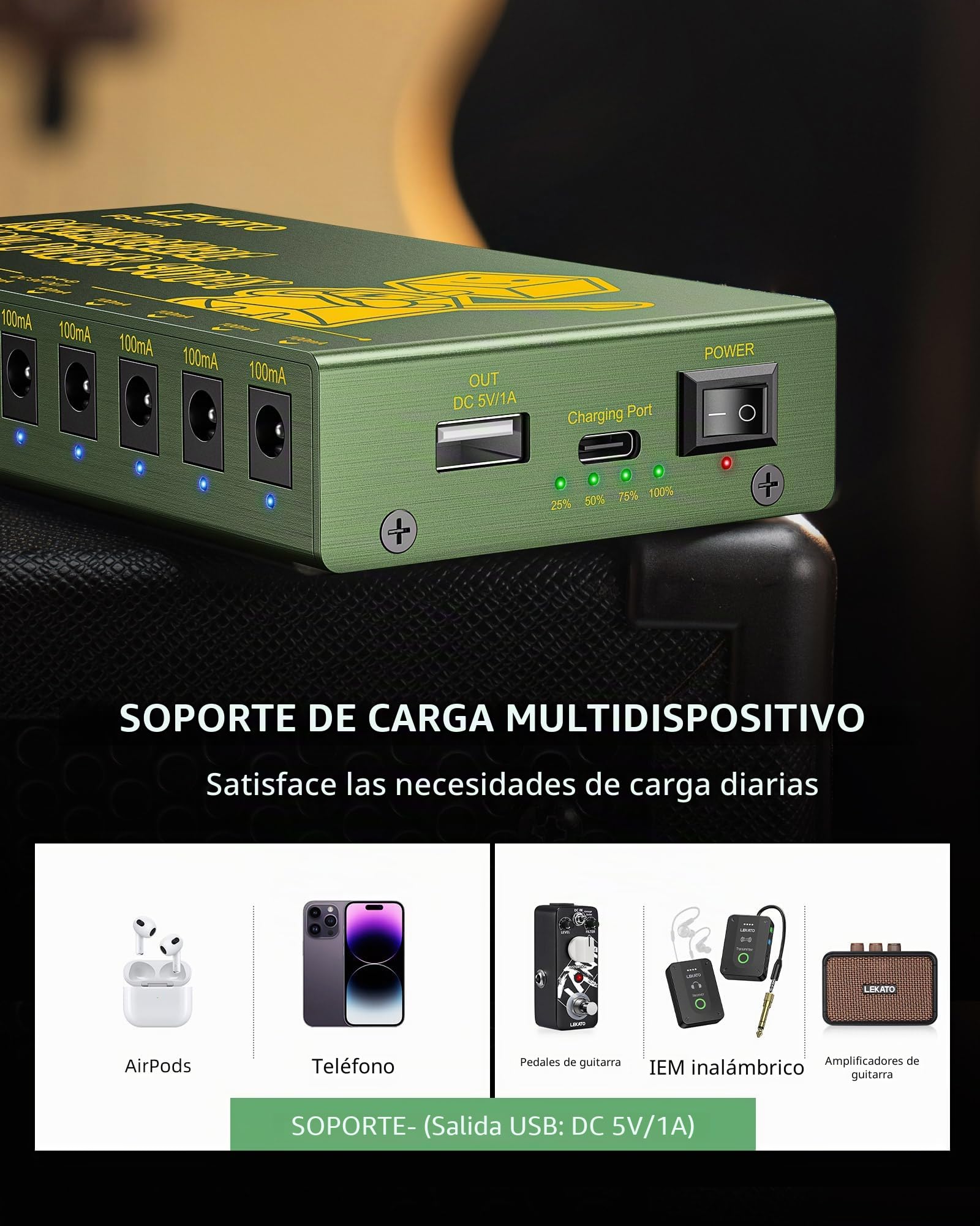 Fuente de alimentación recargable LEKATO para pedal de guitarra, batería integrada de 10000mAh, 10 salidas CC aisladas de 9V, fuente de alimentación para efectos con protección contra cortocircuitos