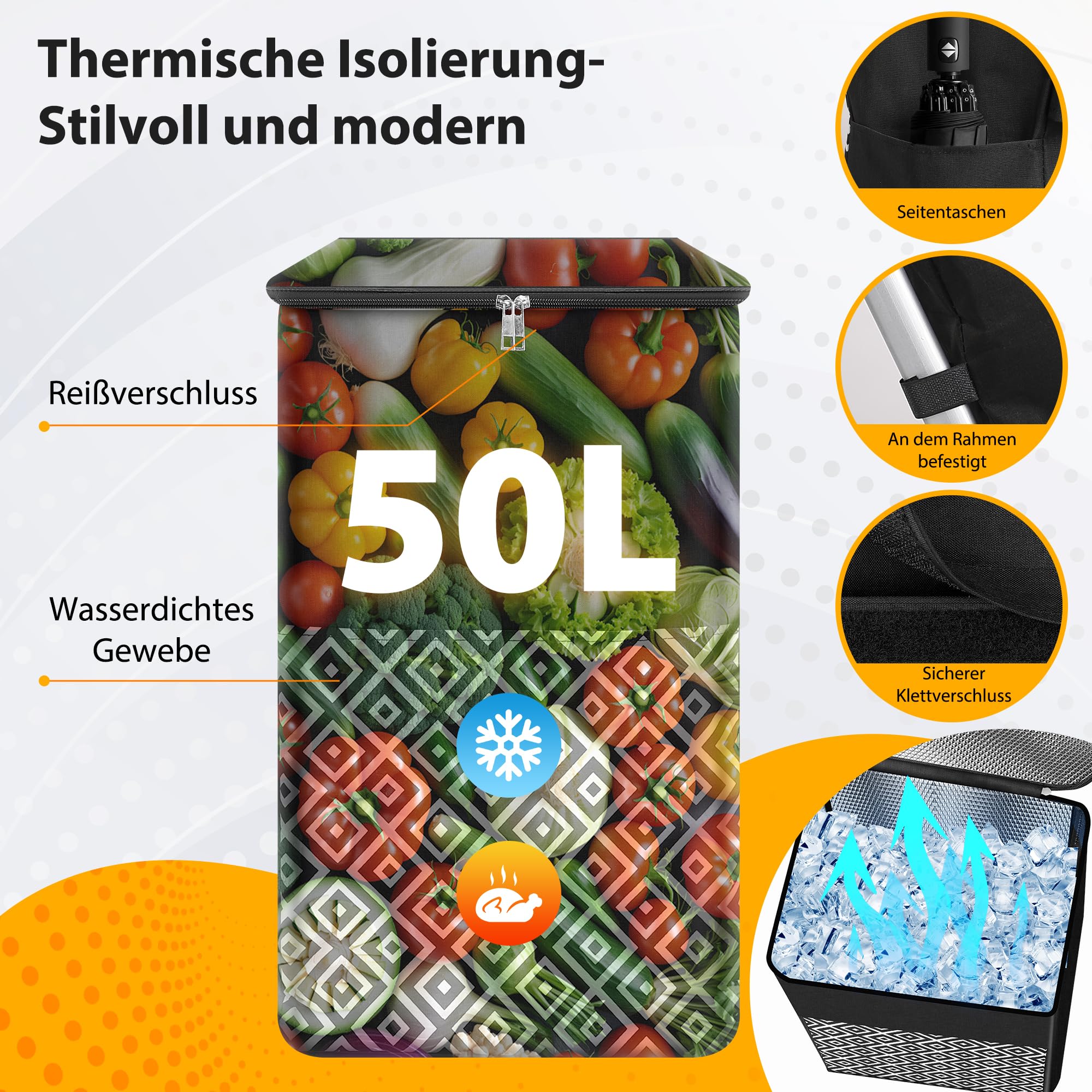 50Liter Einkaufstrolley Treppensteiger & Thermotasche Kühlfach, Shopping Trolley mit Treppenläufer, Moderner Einkaufswagen Faltbar, 6 Rädern Einkaufstasche, Einkaufskorb mit Rollen, Aluminium, Schwarz