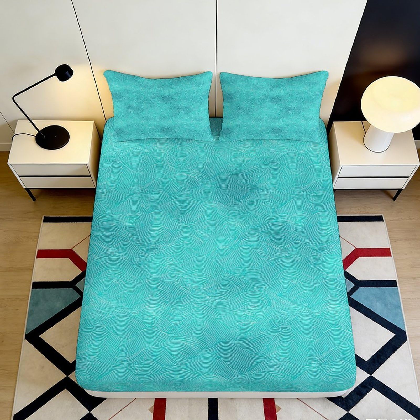 3D Printed Turquoise Wave Fitted Sheet Microfiber Soft Breathable Abstract Pattern Mattress Cover for Bedroom Dormitory Guest Room Mattress Protection Decor 120x200x25cm
