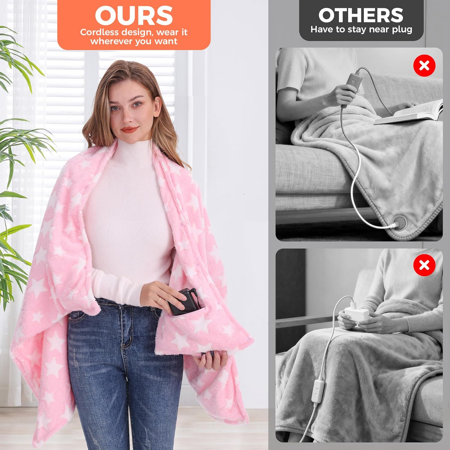 Heated Blanket, Cordless Portable Heated Throw Blanket, Battery Operated Heating Blanket with Rechargeable 20000mAh Power Bank, 59" x 35.5" Electric Heated Shawl, 3​​ Fast-Heating Levels (Pink) - Image 3