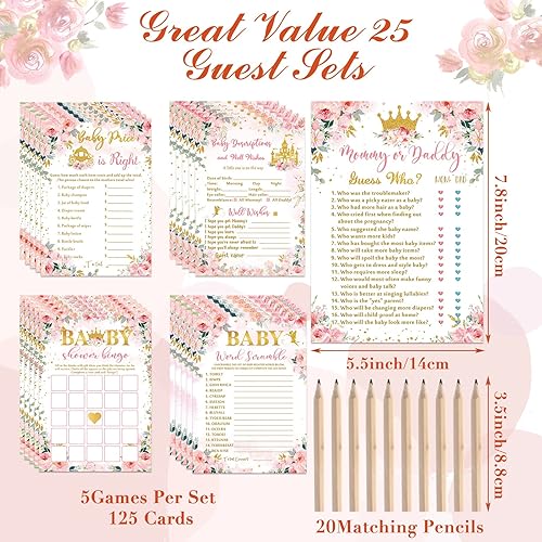 Miniatura 2 de Fumete 125 piezas de juegos de princesa Baby Shower para niñas, tarjetas de 5 estilos con 20 lápices para decoraciones, actividades de baby shower,
