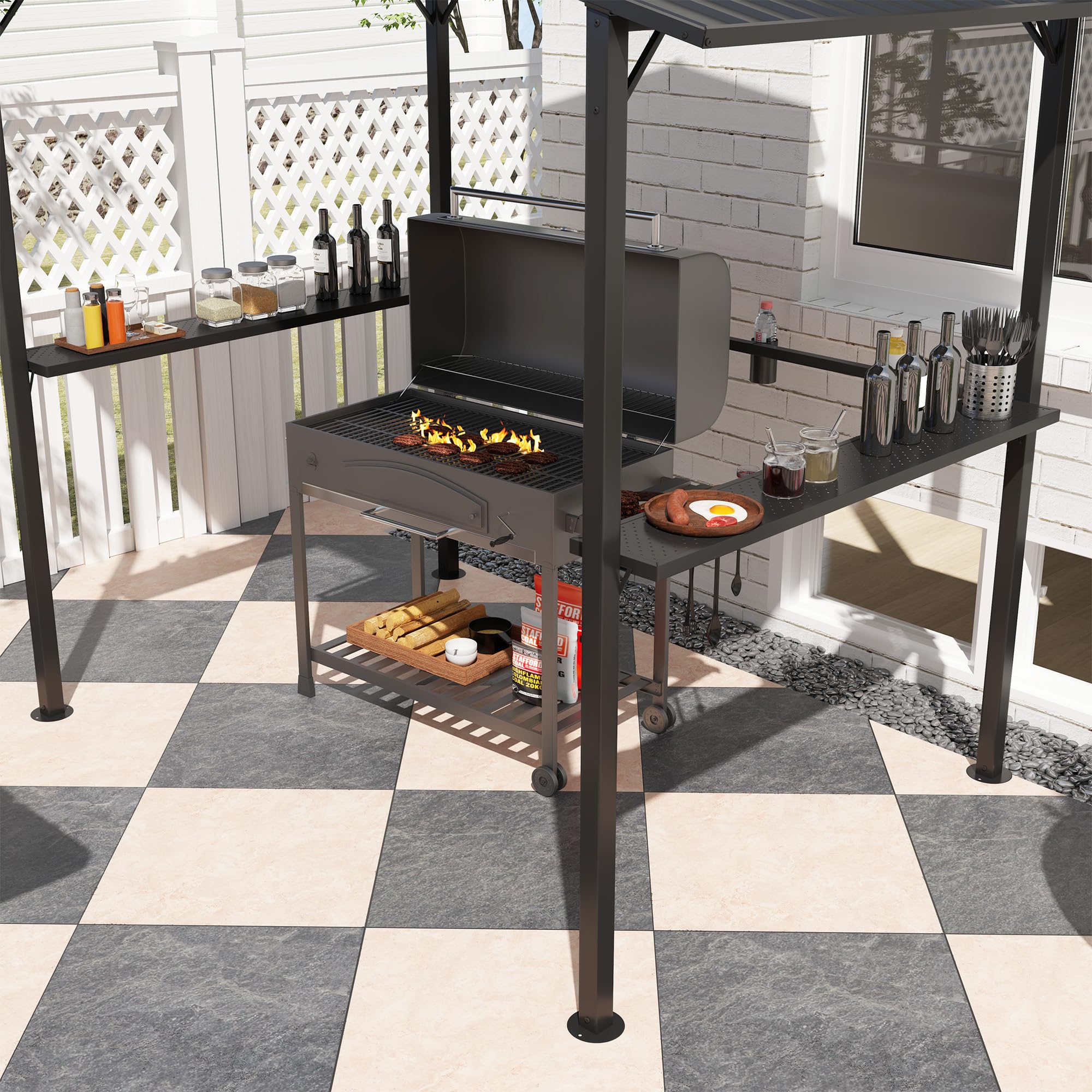 Outsunny Pavillon de barbecue 250 x 160 x 250 cm étanche Pavillon de jardin avec toit double couche, étagères latérales, tonnelles avec protection UV, pavillon BBQ, tente de jardin tente de barbecue