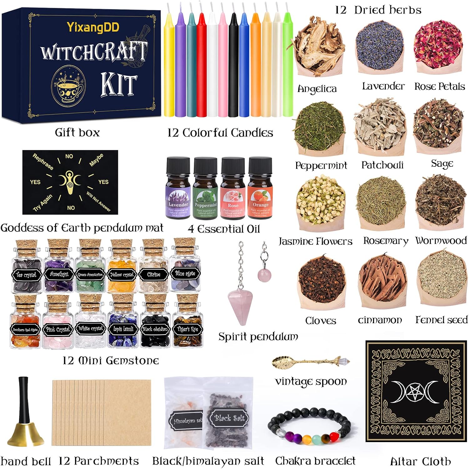 Witchcraft Supplies kit 60PCS -Witch Stuff Spell Kit - Witchcraft Supply kit with Spell Candles,Witchcraft Herbs, Crystal Pendulums,Parchments,Mini Crystal Balls - Witch Starter Kit