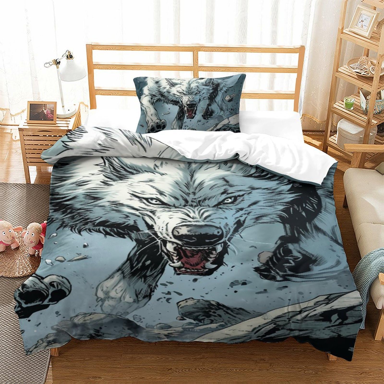 Housses de couettes le loup 3D finie la parure rêche qui bouloche avec ce linge de lit en microfibre