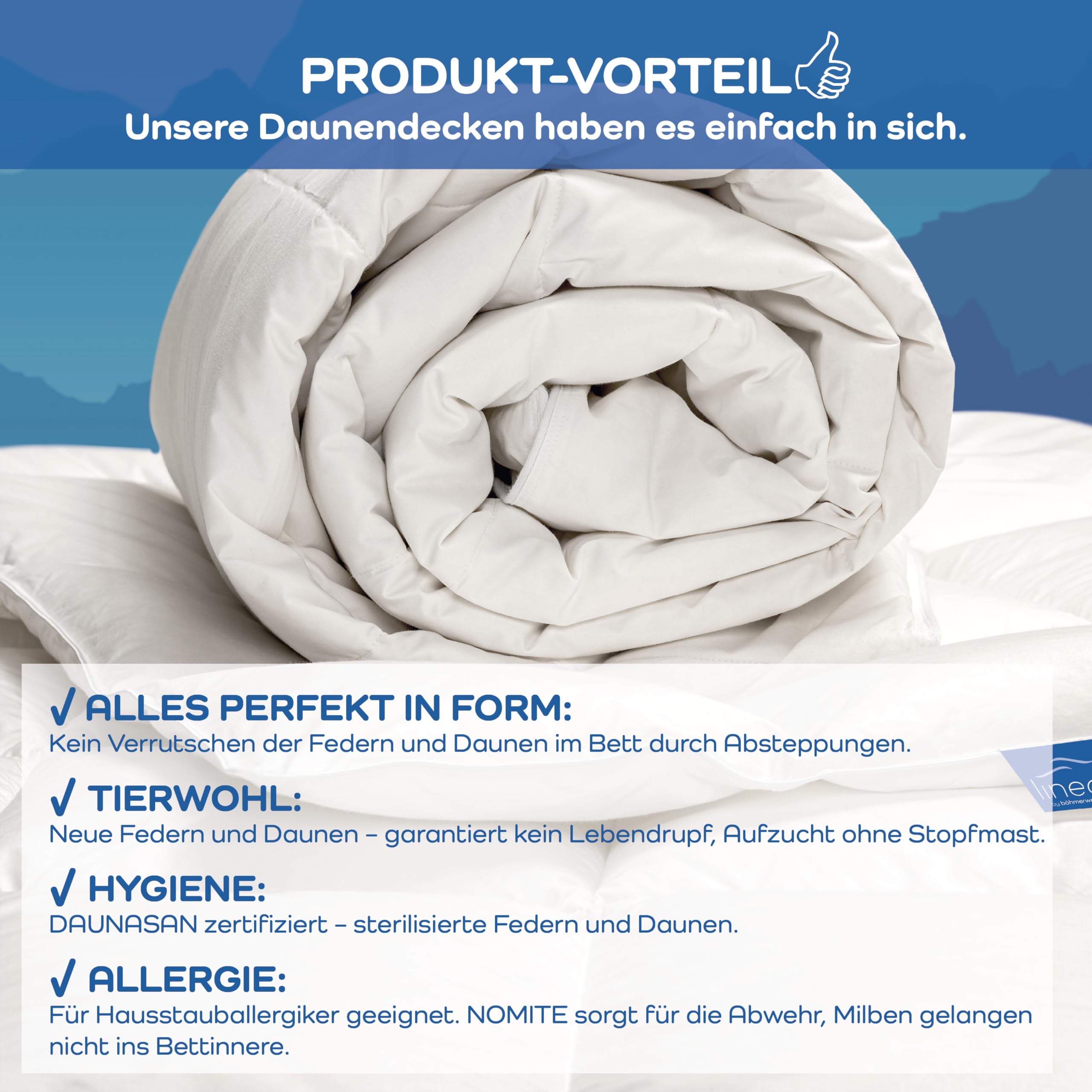 LINEA by böhmerwald Allnights Przytulna kołdra, średnia, 135 × 200 cm, 100 % nowe pióra i puch, odpowiednia dla alergików, możliwość prania w temperaturze do 60°C, wyprodukowana w Niemczech