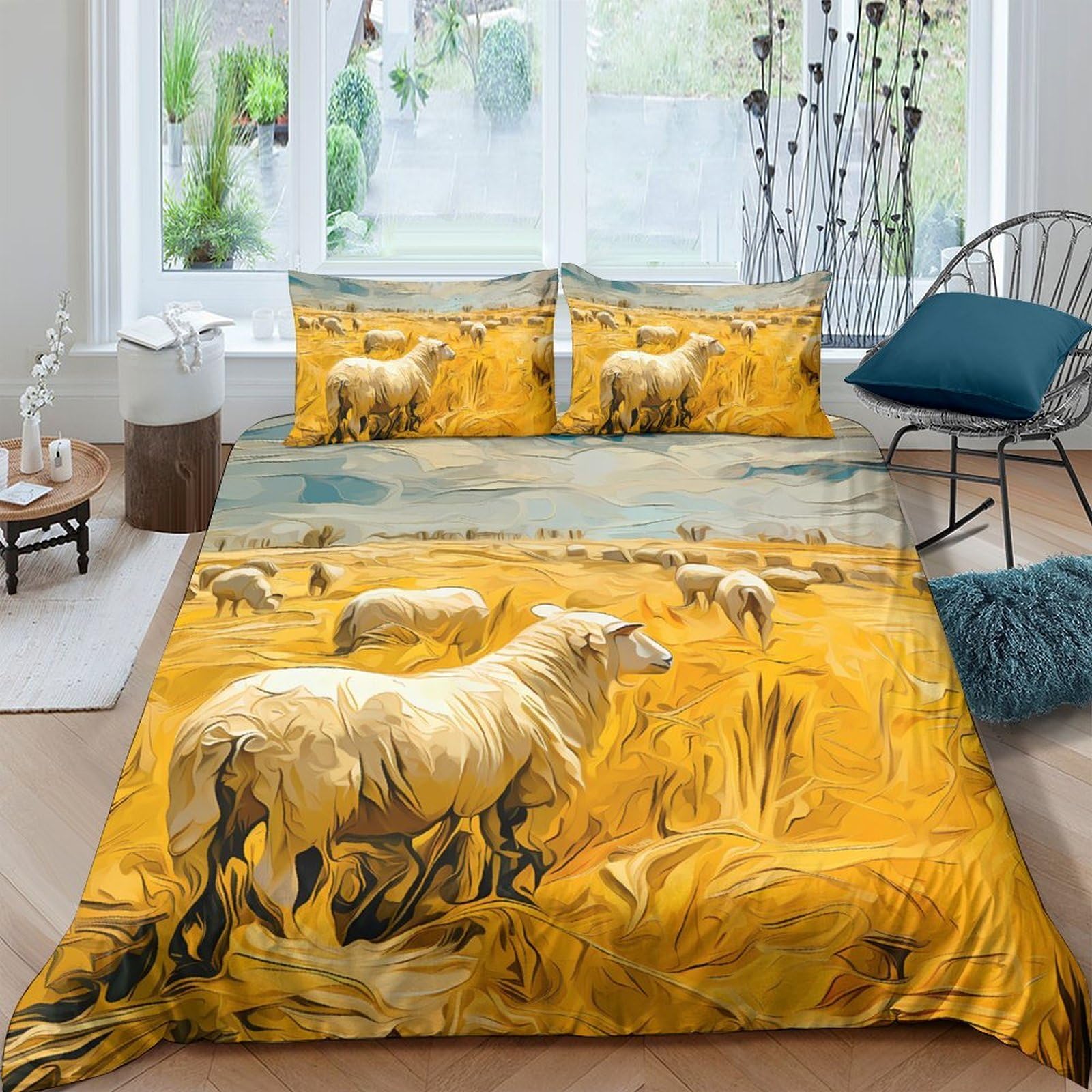 Ctjqhvkz Style-2 3D Printed Sheep Pastoral Fitted Sheet Microfiber Soft Yellow Field Mattress Cover For Bedroom Guest Room Easy Care Decor Single（135X200cm）